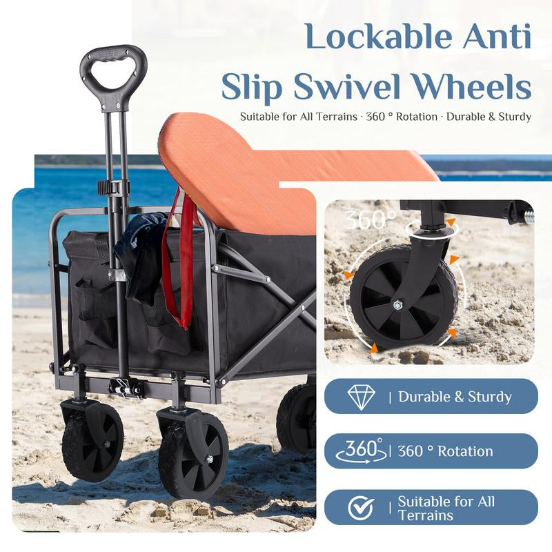 Collapsible Wagon Cart - 30" L Folding Beach Wagon with All-Terrain Wheels, 250Lbs Capacity, Portable for Grocery & Sports Use