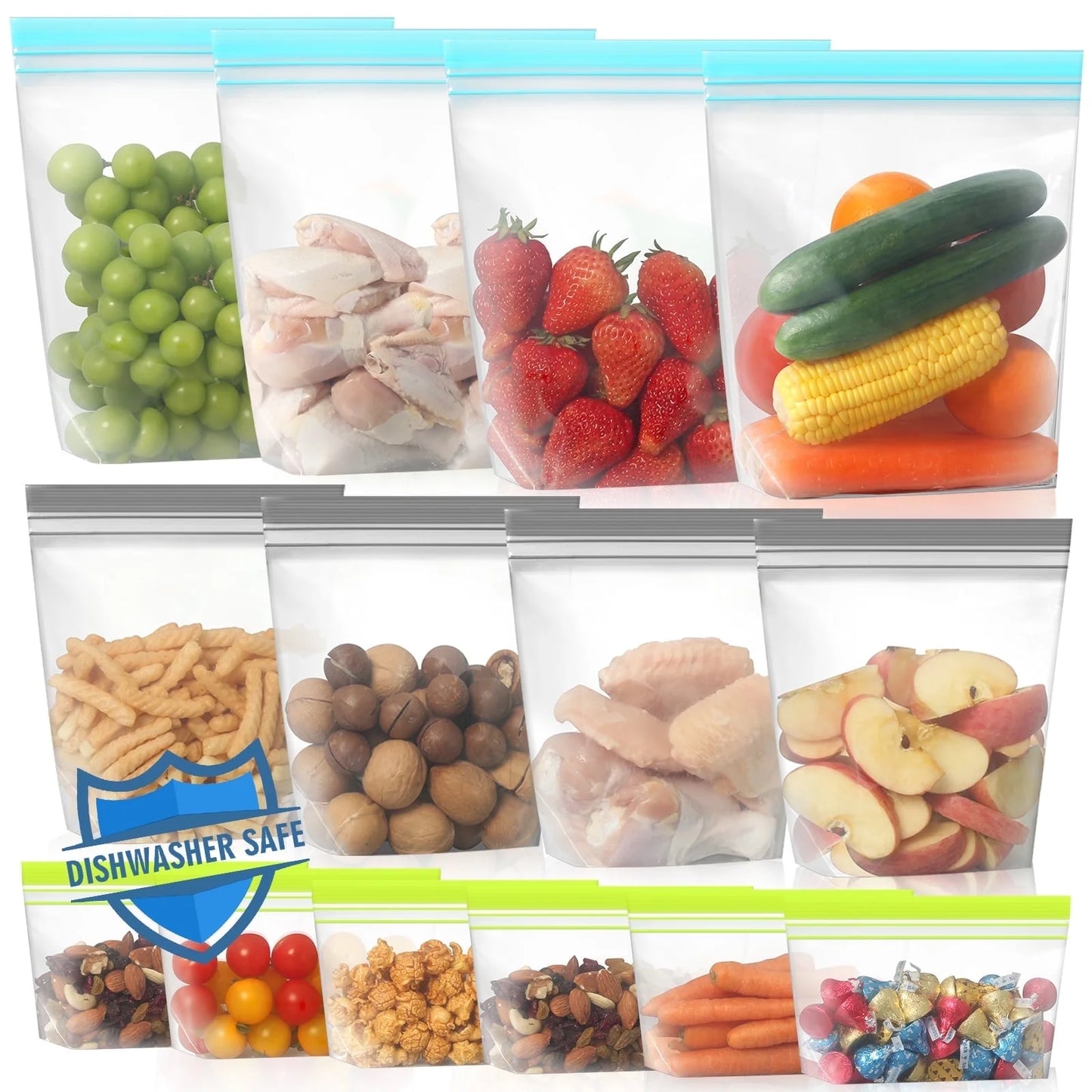 14-Pack Stand-Up Reusable Food Storage Bags – Leakproof, Freezer & Dishwasher Safe, BPA-Free PEVA – Gallon, Sandwich & Snack Sizes