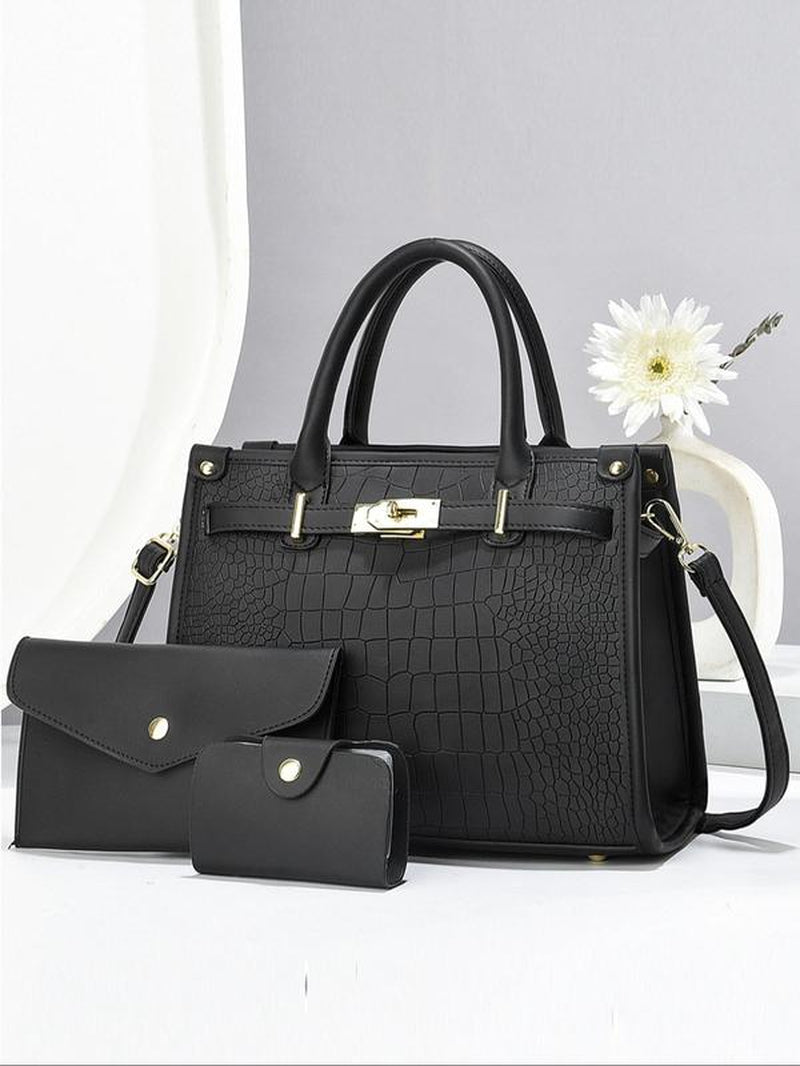 Women's Fashionable Crocodile Embossed 3-Piece Handbag Set | Large Capacity Tote, Clutch & Wallet