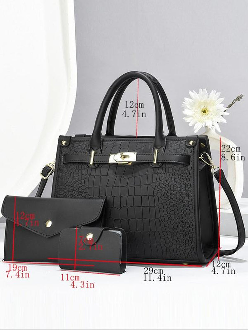 Women's Fashionable Crocodile Embossed 3-Piece Handbag Set | Large Capacity Tote, Clutch & Wallet