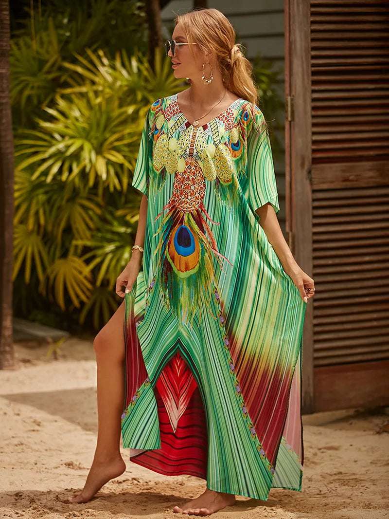 Women's Printed Caftan Maxi Dress | V-Neck Bathing Suit Cover-Up, Abaya Beach Outfits & Loungewear