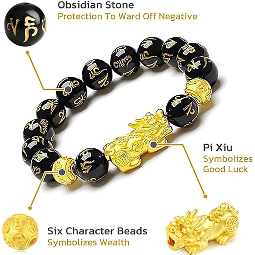 Feng Shui Black Obsidian Pixiu Bracelet | Charm with Buddha Beads