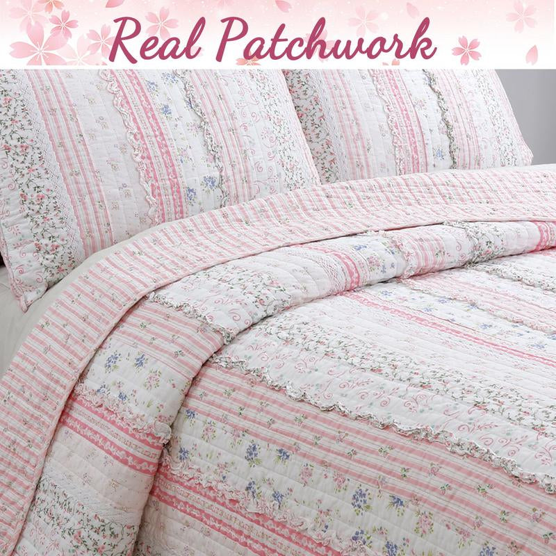 Lace Ruffle Cotton Quilt Set | Pink Patchwork Reversible Bedding | Elegant & Soft for All Seasons