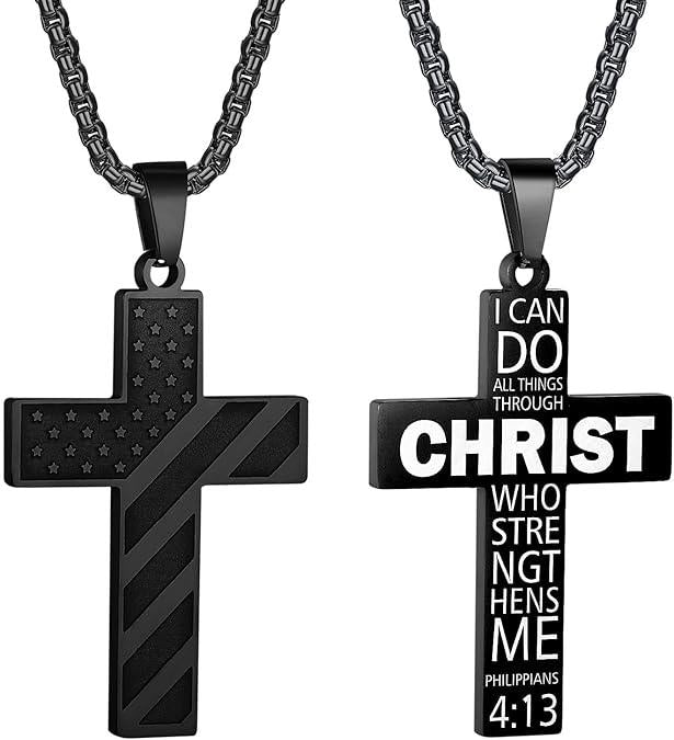 Durable American Flag Cross Pendant | Inspirational Quote or Scripture Necklace | Unisex Everyday Wear & Gift for All Ages