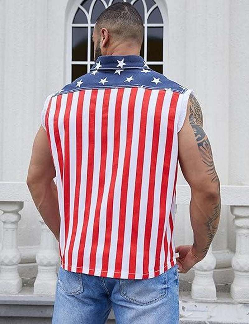 Yuanbang Men's American Flag Denim Vest | Classic 4th of July Patriotic Sleeveless Jean Jacket