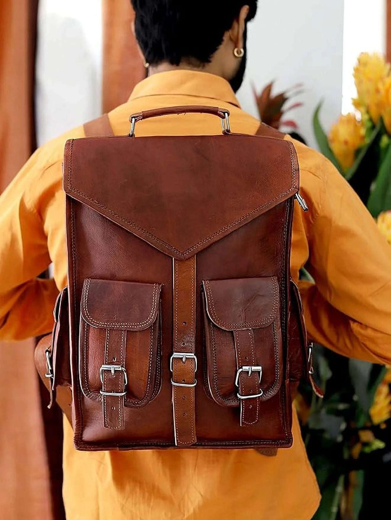 RUZIOON Multi-functional Vintage Leather Laptop Bag | 15" Vintage Backpack, Messenger & Briefcase with Steel Buckles (Brown)