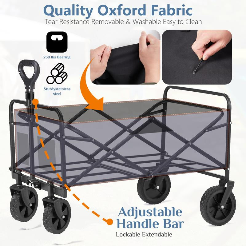 Collapsible Wagon Cart - 30" L Folding Beach Wagon with All-Terrain Wheels, 250Lbs Capacity, Portable for Grocery & Sports Use