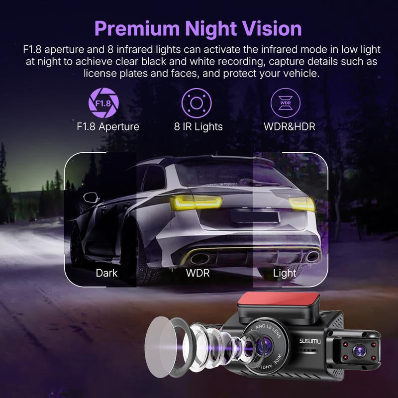 WIFI Automotive Dash Cam 360° View | Front & Rear Inside/Outside Recording | 64GB Card, Night Vision, Gravity Sensor