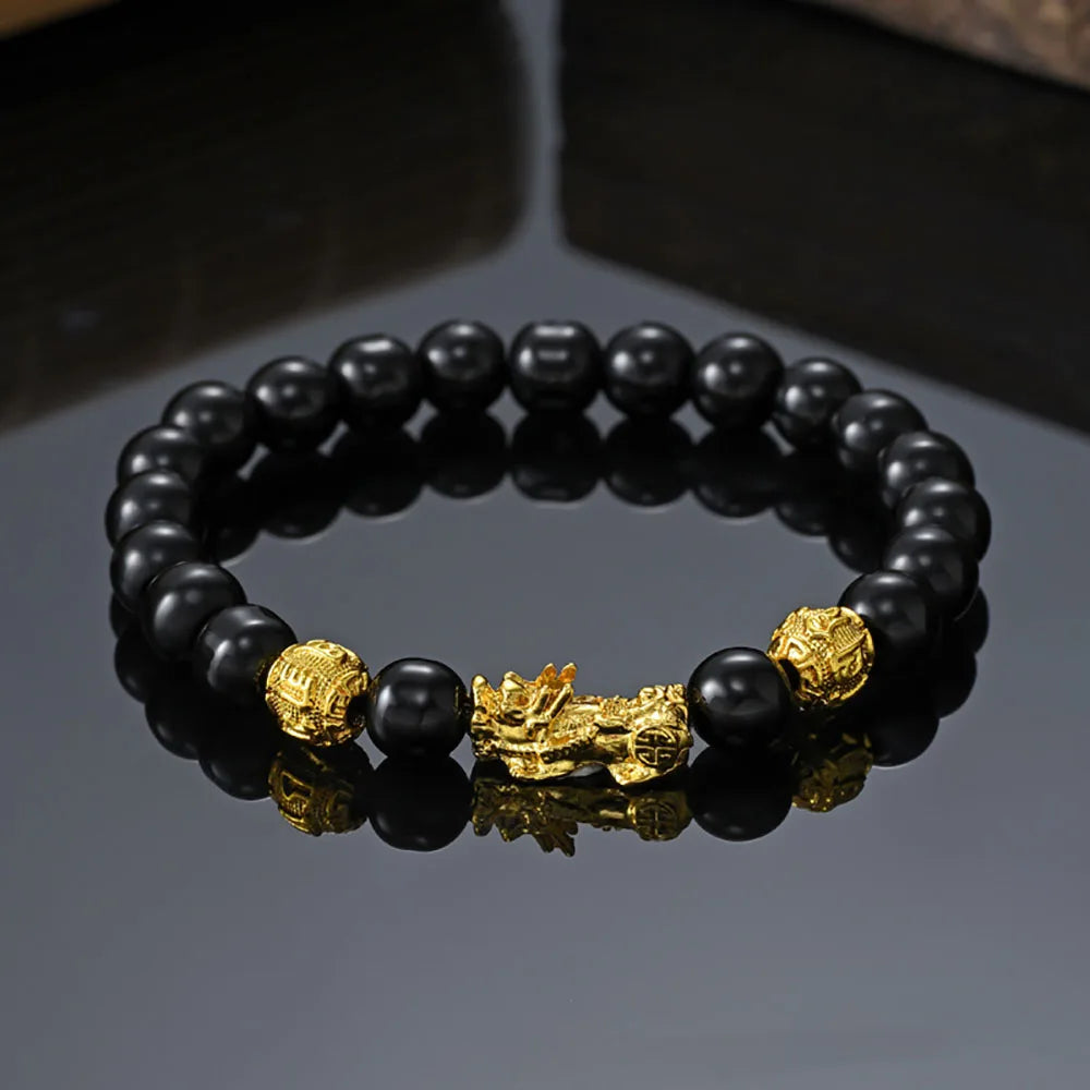 Feng Shui Black Obsidian Pixiu Bracelet | Charm with Buddha Beads