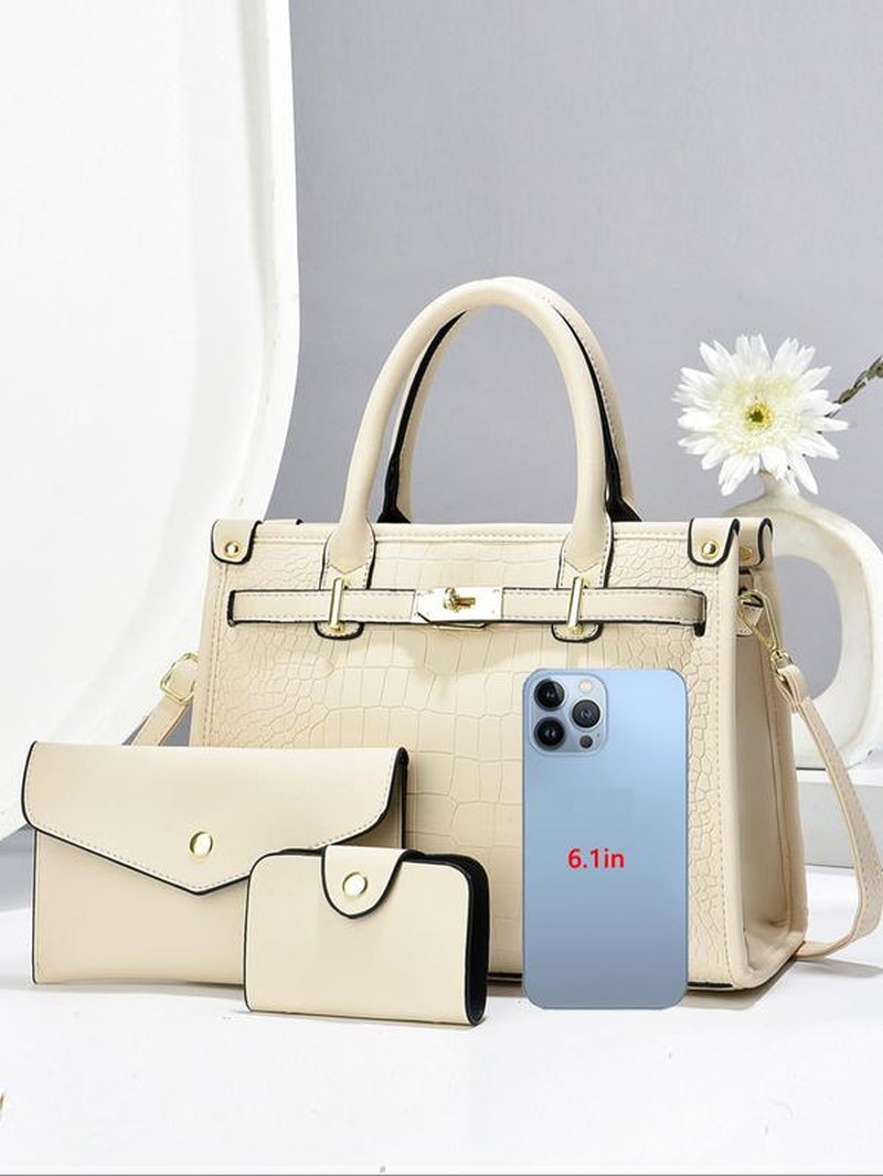 Women's Fashionable Crocodile Embossed 3-Piece Handbag Set | Large Capacity Tote, Clutch & Wallet