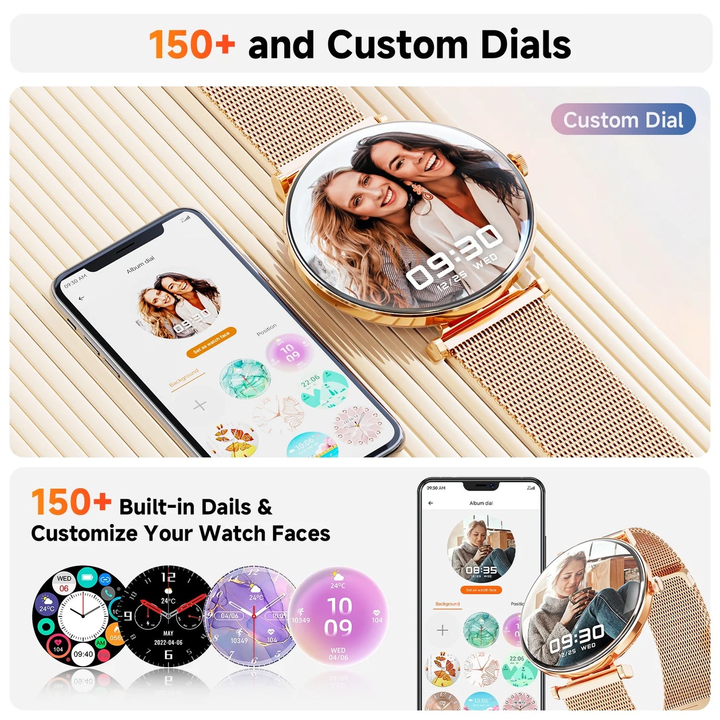 Smart Watch for Women - 1.43" AMOLED Screen, Bluetooth Calls, IP67 Waterproof, 100+ Sports Modes (Gold)