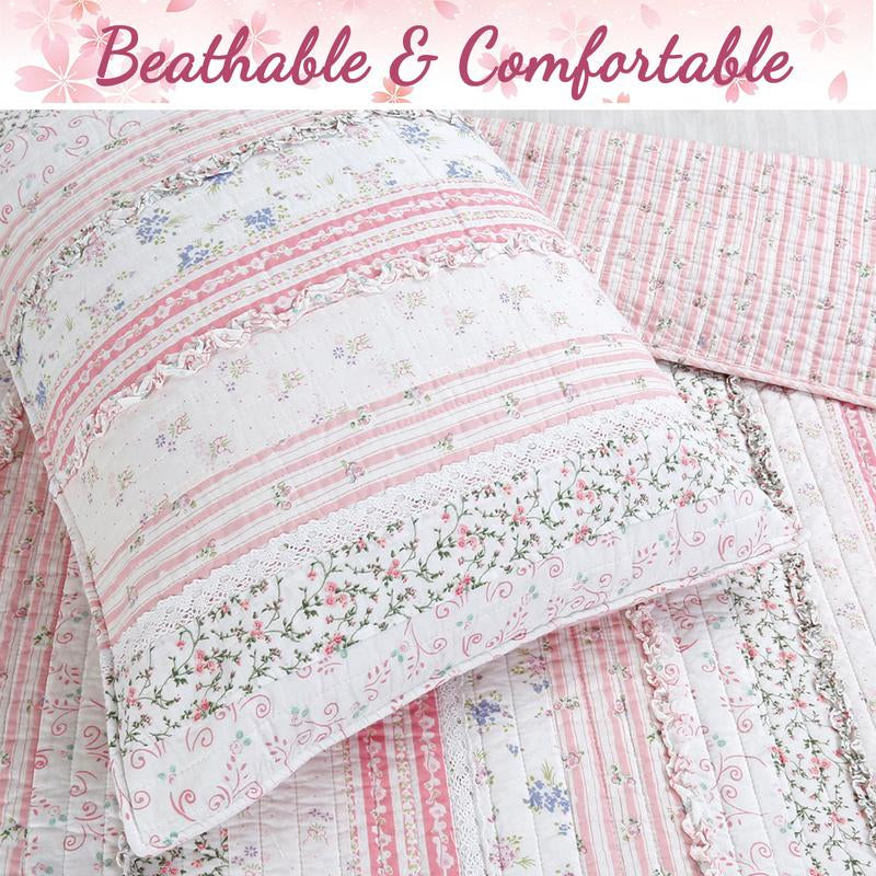 Lace Ruffle Cotton Quilt Set | Pink Patchwork Reversible Bedding | Elegant & Soft for All Seasons