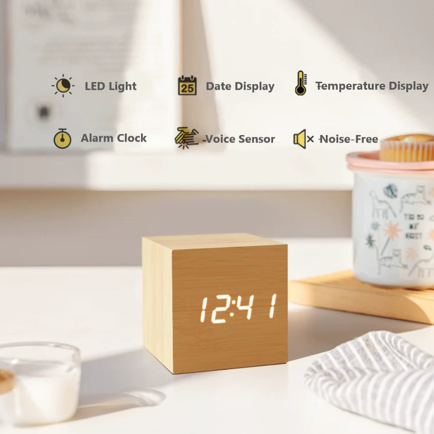Wooden Minimalist Table Clock | Voice-Activated LED Digital Alarm Clock with Temperature Display