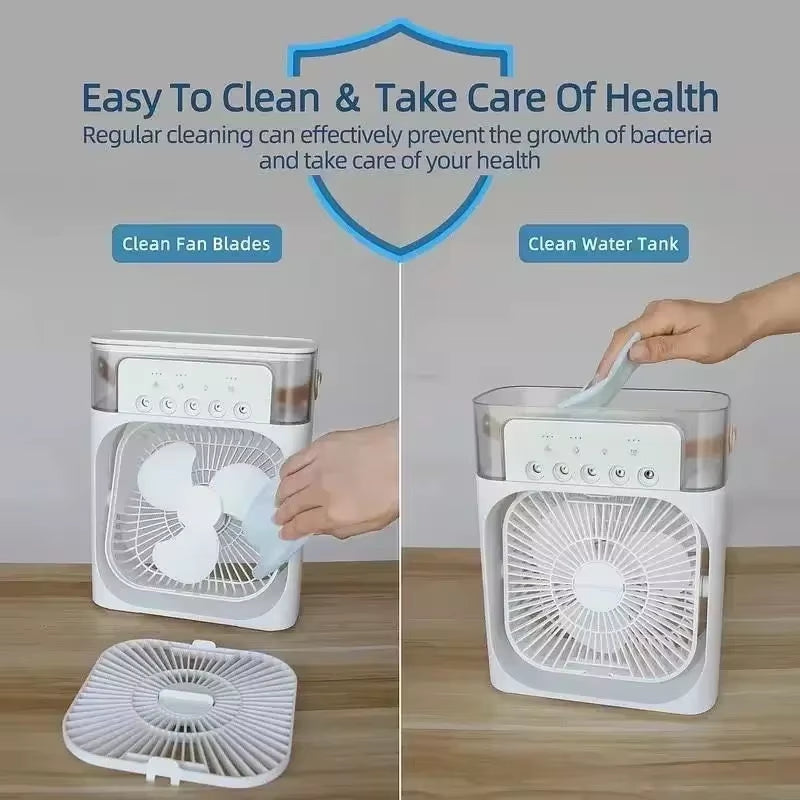 3-in-1 Portable Evaporative Air Cooler with Humidifier & Fan | Personal USB Desk Fan with 7-Color LED Light