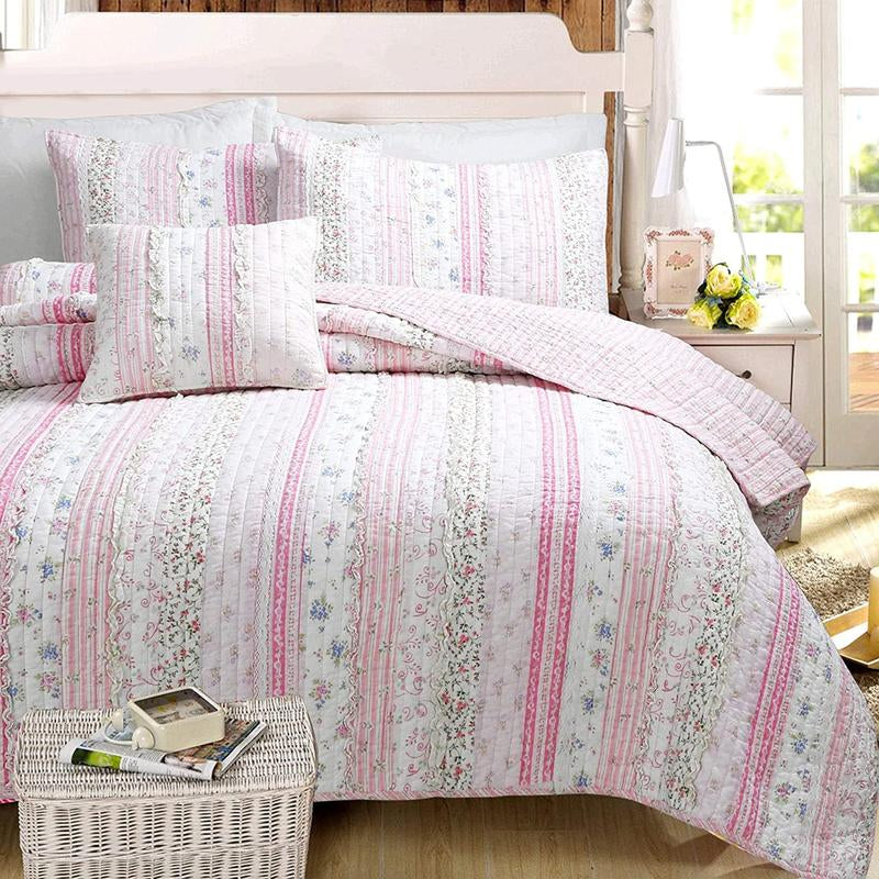 Lace Ruffle Cotton Quilt Set | Pink Patchwork Reversible Bedding | Elegant & Soft for All Seasons