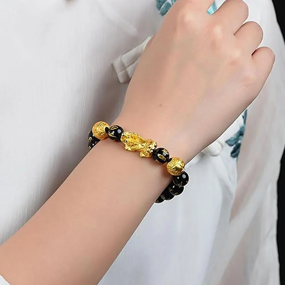 Feng Shui Black Obsidian Pixiu Bracelet | Charm with Buddha Beads