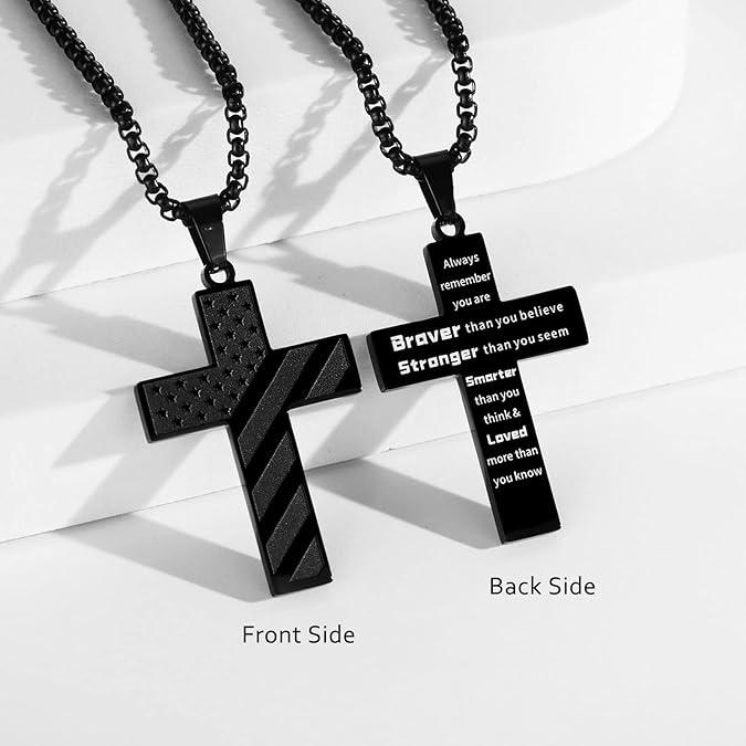 Durable American Flag Cross Pendant | Inspirational Quote or Scripture Necklace | Unisex Everyday Wear & Gift for All Ages