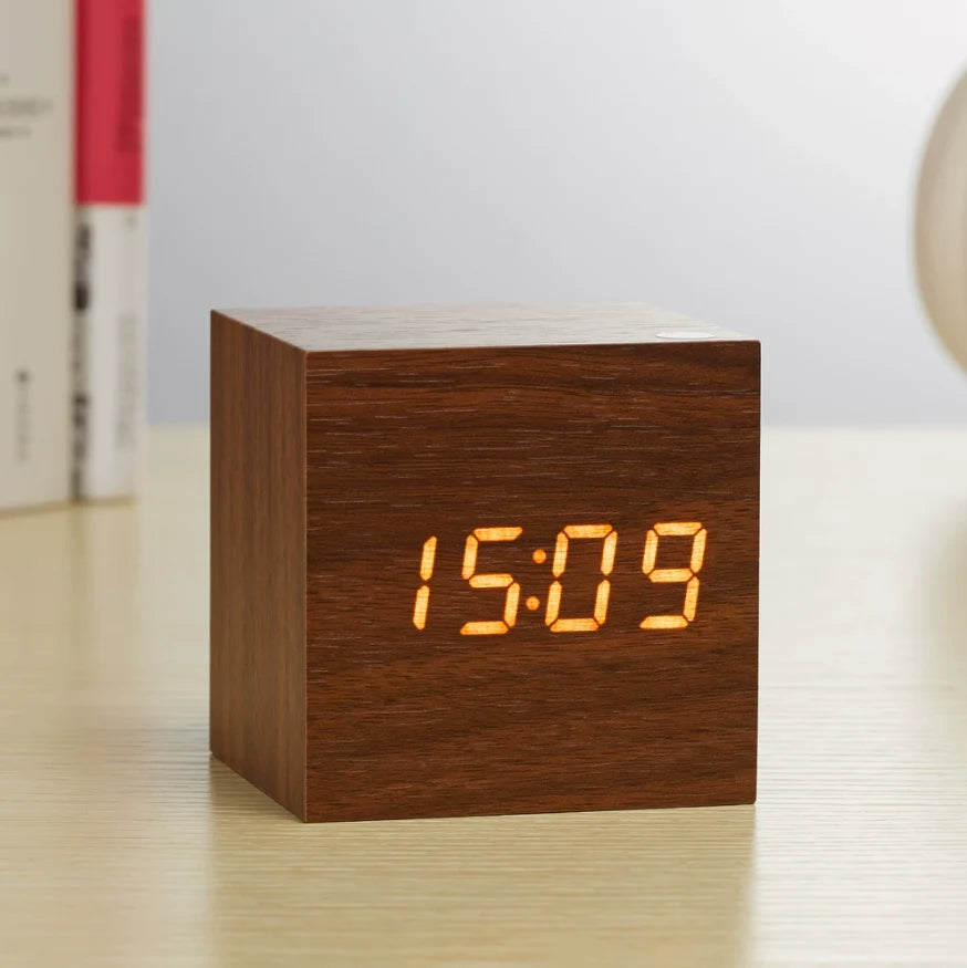 Wooden Minimalist Table Clock | Voice-Activated LED Digital Alarm Clock with Temperature Display