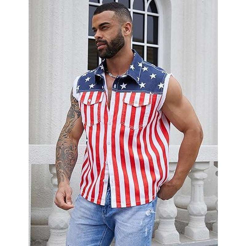 Yuanbang Men's American Flag Denim Vest | Classic 4th of July Patriotic Sleeveless Jean Jacket