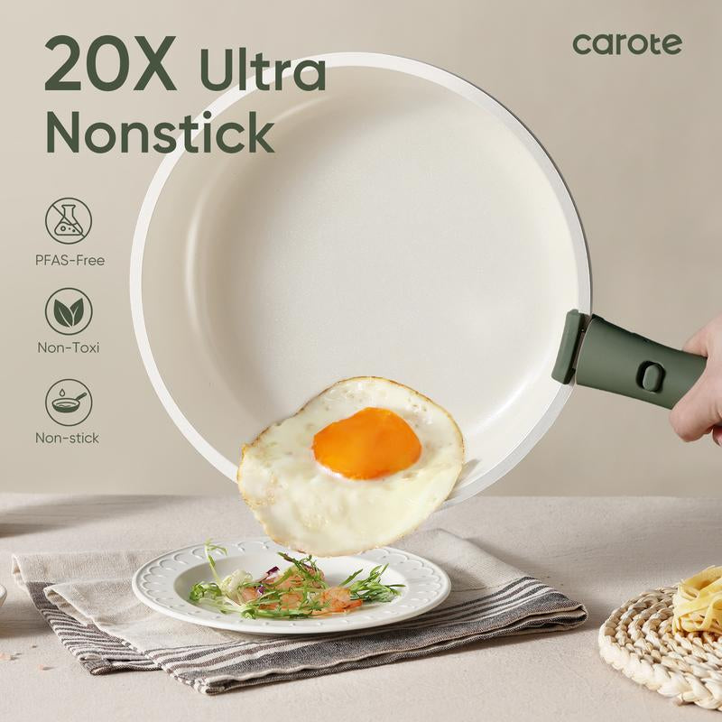 CAROTE Kitchen Cooking Set | 16-Piece Nonstick Induction Cookware with Lids & Removable Handles | Space-Saving