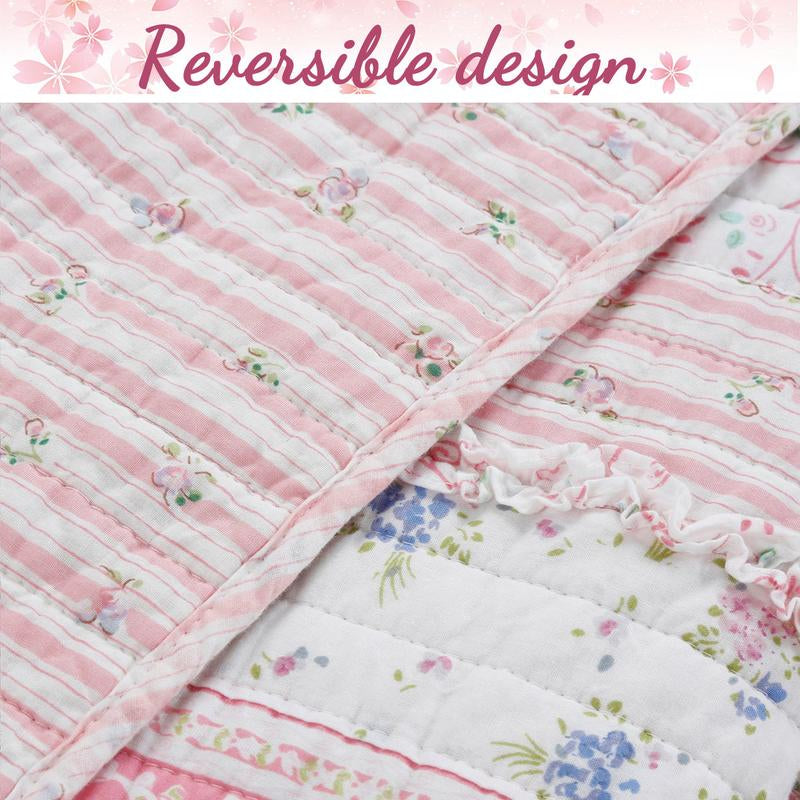 Lace Ruffle Cotton Quilt Set | Pink Patchwork Reversible Bedding | Elegant & Soft for All Seasons