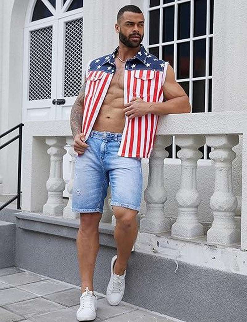 Yuanbang Men's American Flag Denim Vest | Classic 4th of July Patriotic Sleeveless Jean Jacket