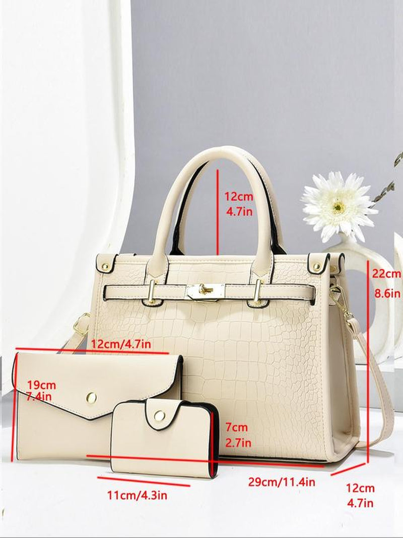 Women's Fashionable Crocodile Embossed 3-Piece Handbag Set | Large Capacity Tote, Clutch & Wallet