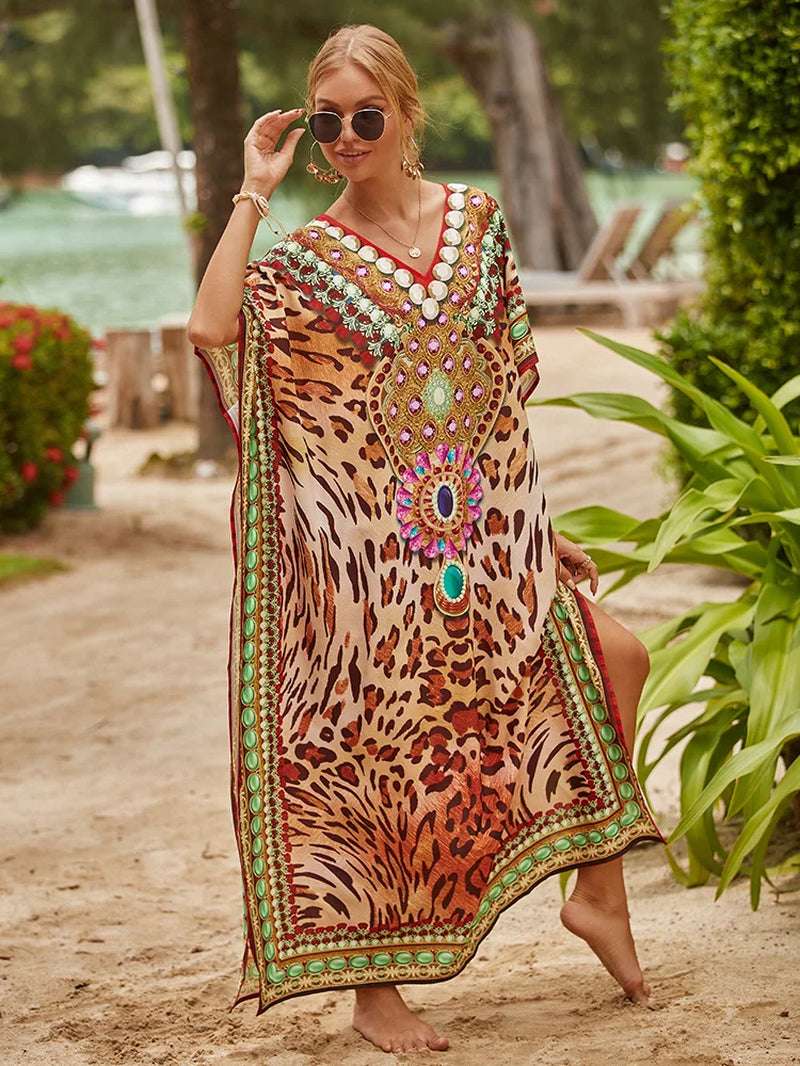 Women's Printed Caftan Maxi Dress | V-Neck Bathing Suit Cover-Up, Abaya Beach Outfits & Loungewear