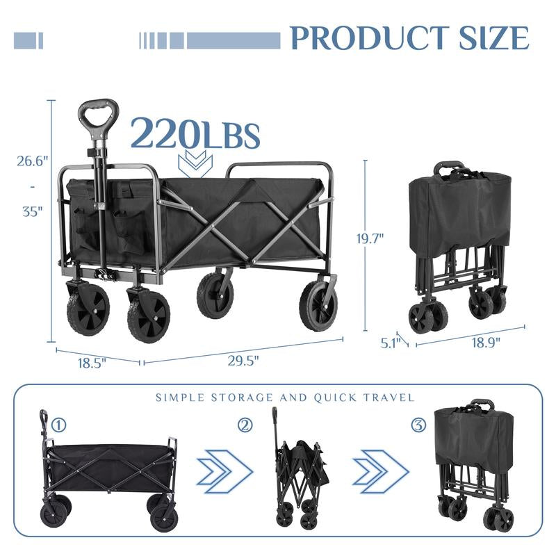 Collapsible Wagon Cart - 30" L Folding Beach Wagon with All-Terrain Wheels, 250Lbs Capacity, Portable for Grocery & Sports Use