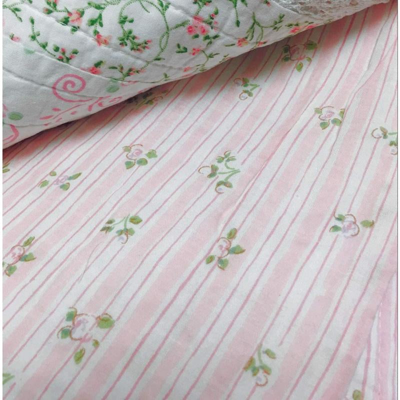 Lace Ruffle Cotton Quilt Set | Pink Patchwork Reversible Bedding | Elegant & Soft for All Seasons