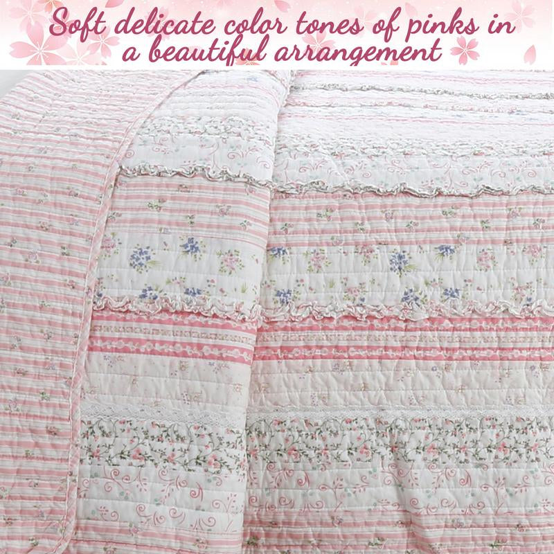 Lace Ruffle Cotton Quilt Set | Pink Patchwork Reversible Bedding | Elegant & Soft for All Seasons