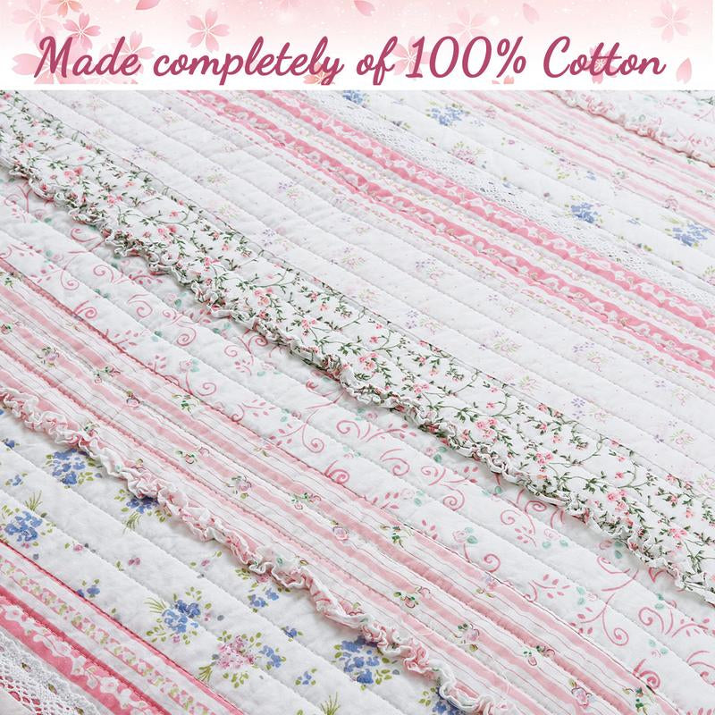 Lace Ruffle Cotton Quilt Set | Pink Patchwork Reversible Bedding | Elegant & Soft for All Seasons