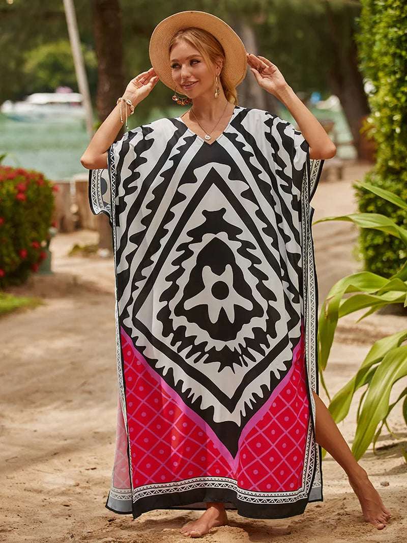 Women's Printed Caftan Maxi Dress | V-Neck Bathing Suit Cover-Up, Abaya Beach Outfits & Loungewear