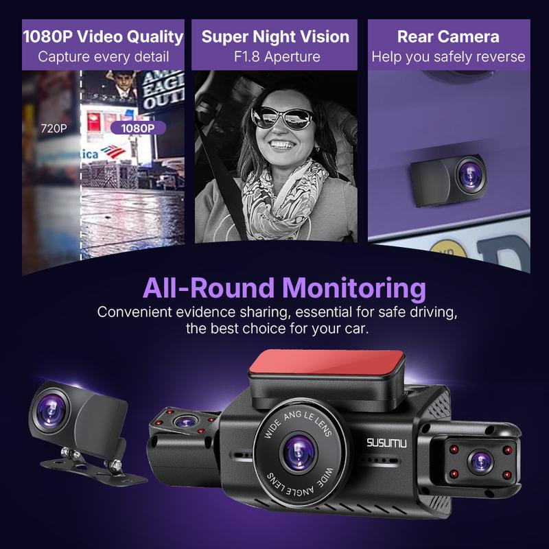 WIFI Automotive Dash Cam 360° View | Front & Rear Inside/Outside Recording | 64GB Card, Night Vision, Gravity Sensor