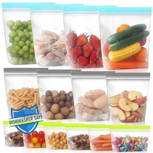 14-Pack Stand-Up Reusable Food Storage Bags – Leakproof, Freezer & Dishwasher Safe, BPA-Free PEVA – Gallon, Sandwich & Snack Sizes