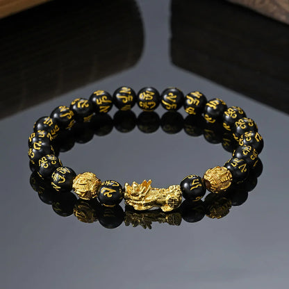 Feng Shui Black Obsidian Pixiu Bracelet | Charm with Buddha Beads