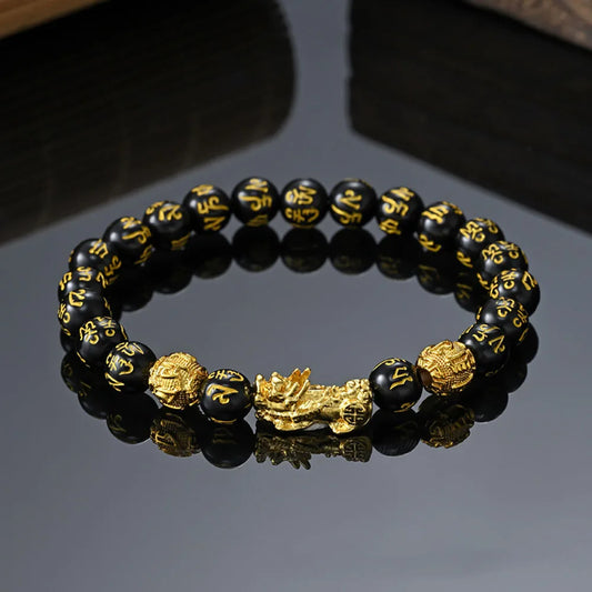 Feng Shui Black Obsidian Pixiu Bracelet | Charm with Buddha Beads