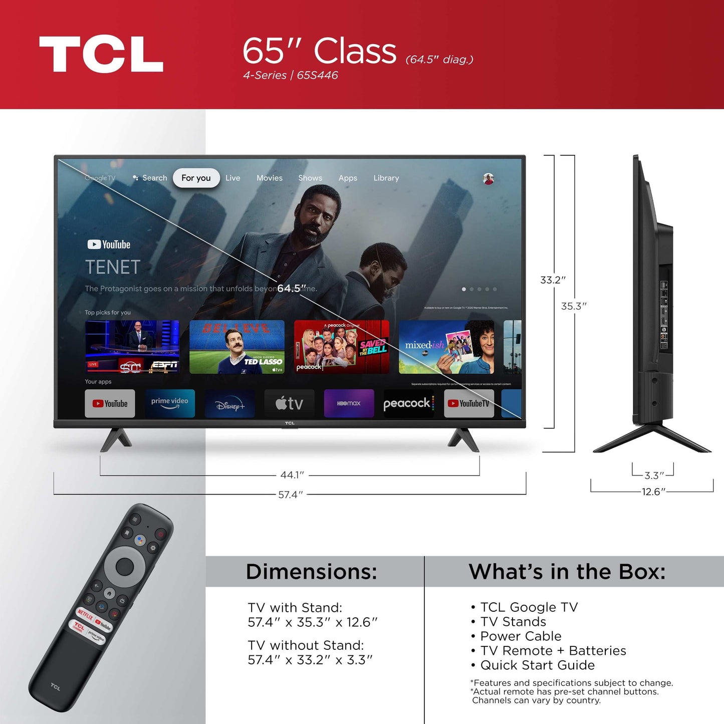 TCL 65" Class 4-Series 4K UHD HDR LED Smart Google TV (65S446) | Voice Control, Google Assistant, & Multiple HDMI