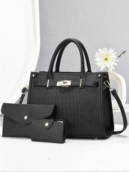 Women's Fashionable Crocodile Embossed 3-Piece Handbag Set | Large Capacity Tote, Clutch & Wallet