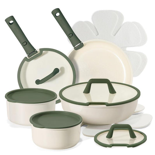 CAROTE Kitchen Cooking Set | 16-Piece Nonstick Induction Cookware with Lids & Removable Handles | Space-Saving