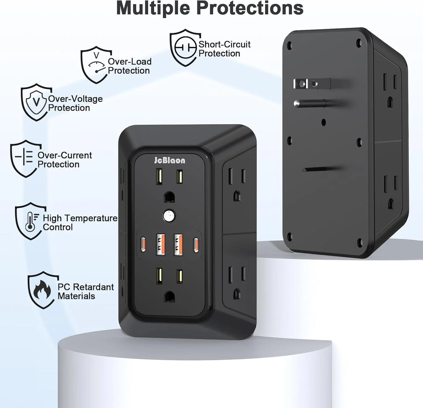 Compact 10-in-1 Outlet Extender by JcBlaon | 6 AC, 4 USB, Surge Protected Power Strip for All Devices