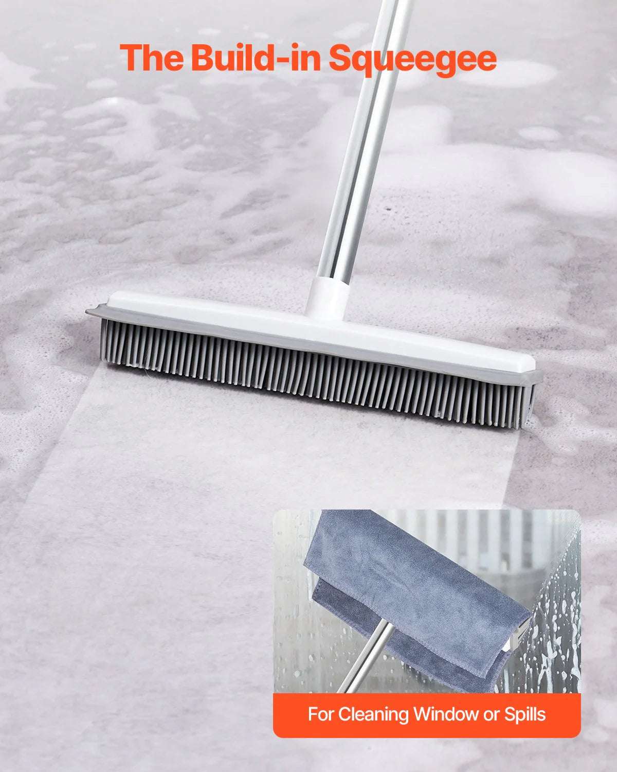 Pet Hair Removal Rubber Broom - 58.46" Adjustable Long Handle for Hardwood & Carpet | Includes Microfiber Cloth