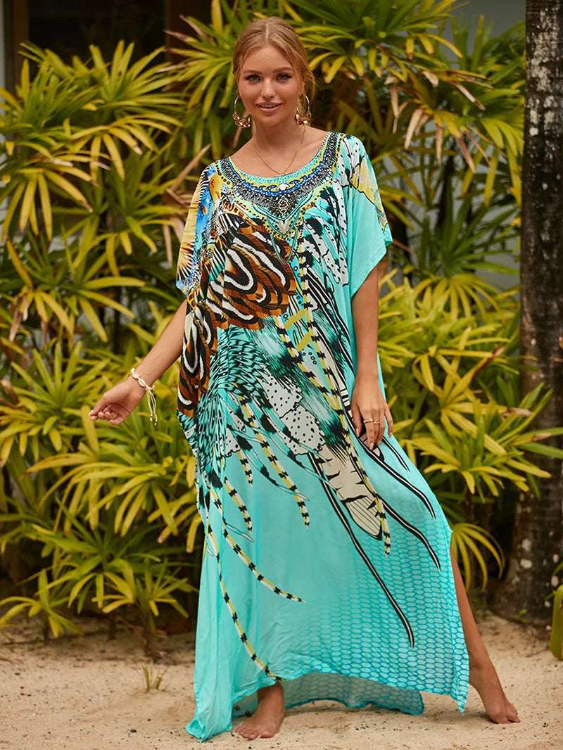 Women's Printed Caftan Maxi Dress | V-Neck Bathing Suit Cover-Up, Abaya Beach Outfits & Loungewear