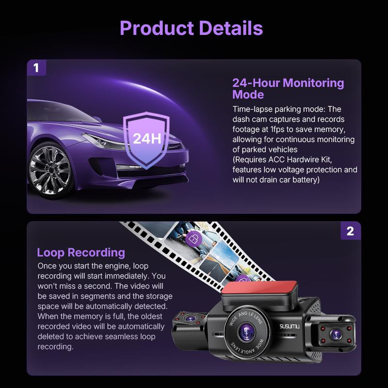 WIFI Automotive Dash Cam 360° View | Front & Rear Inside/Outside Recording | 64GB Card, Night Vision, Gravity Sensor