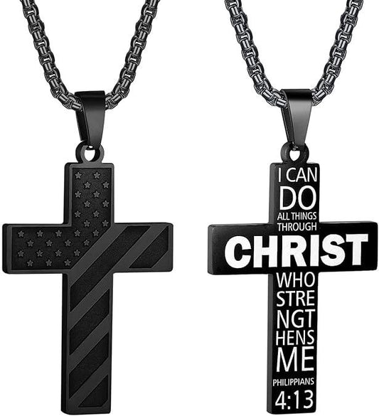 Durable American Flag Cross Pendant | Inspirational Quote or Scripture Necklace | Unisex Everyday Wear & Gift for All Ages