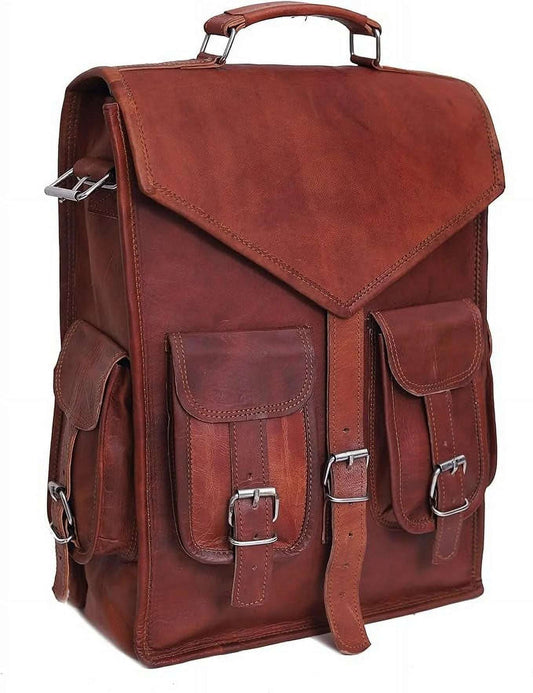 RUZIOON Multi-functional Vintage Leather Laptop Bag | 15" Vintage Backpack, Messenger & Briefcase with Steel Buckles (Brown)