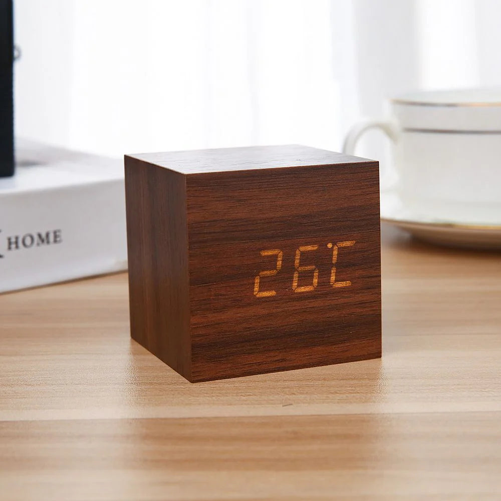 Wooden Minimalist Table Clock | Voice-Activated LED Digital Alarm Clock with Temperature Display