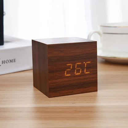 Wooden Minimalist Table Clock | Voice-Activated LED Digital Alarm Clock with Temperature Display