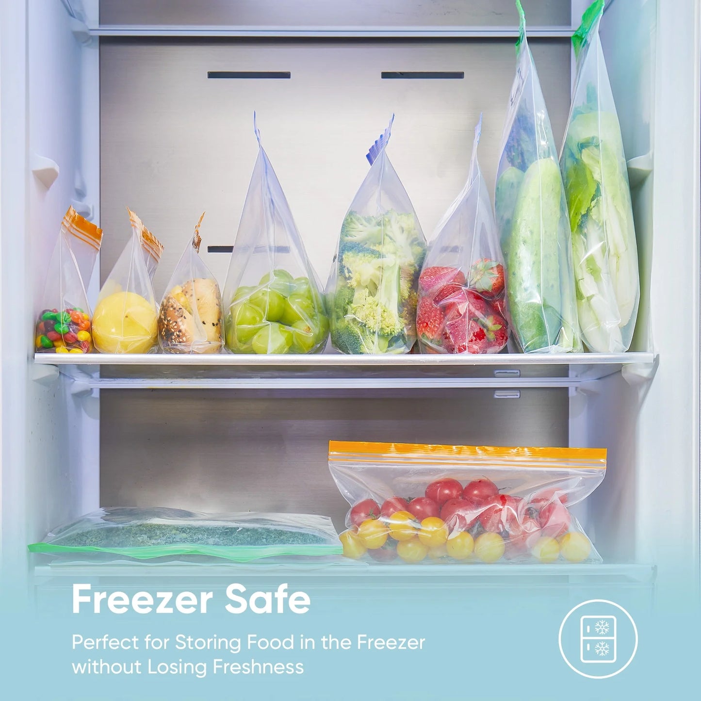 14-Pack Stand-Up Reusable Food Storage Bags – Leakproof, Freezer & Dishwasher Safe, BPA-Free PEVA – Gallon, Sandwich & Snack Sizes