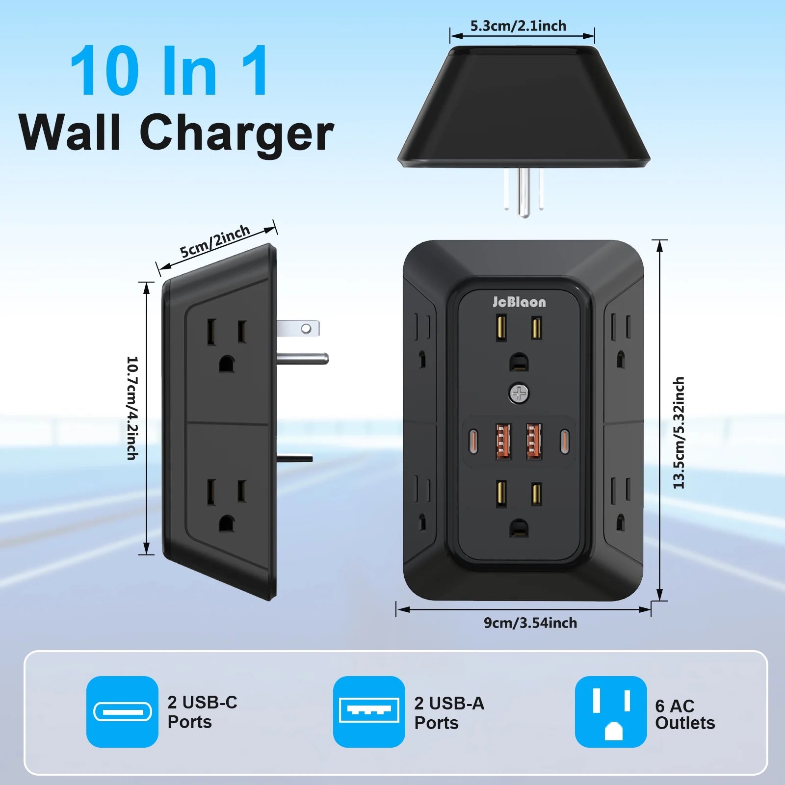 Compact 10-in-1 Outlet Extender by JcBlaon | 6 AC, 4 USB, Surge Protected Power Strip for All Devices
